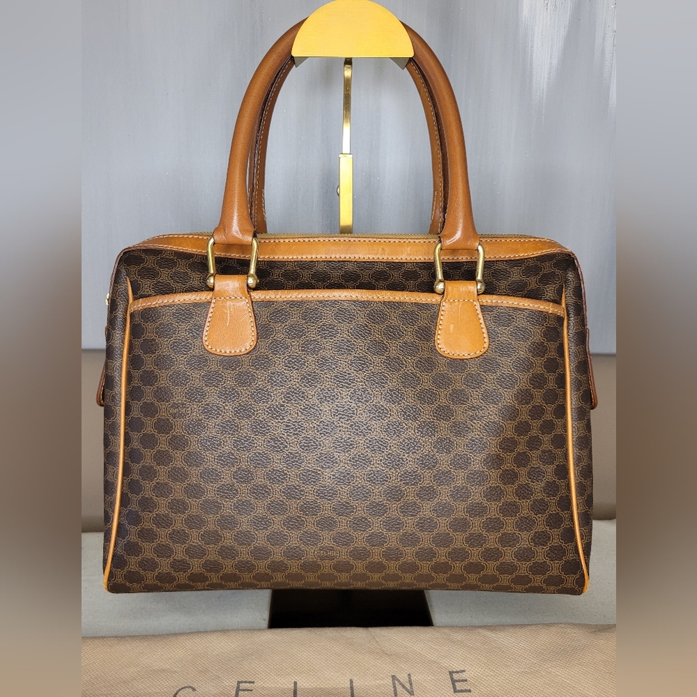 Celine Brown And Tan Macadam Boston Handbag With Authenticity Certificate